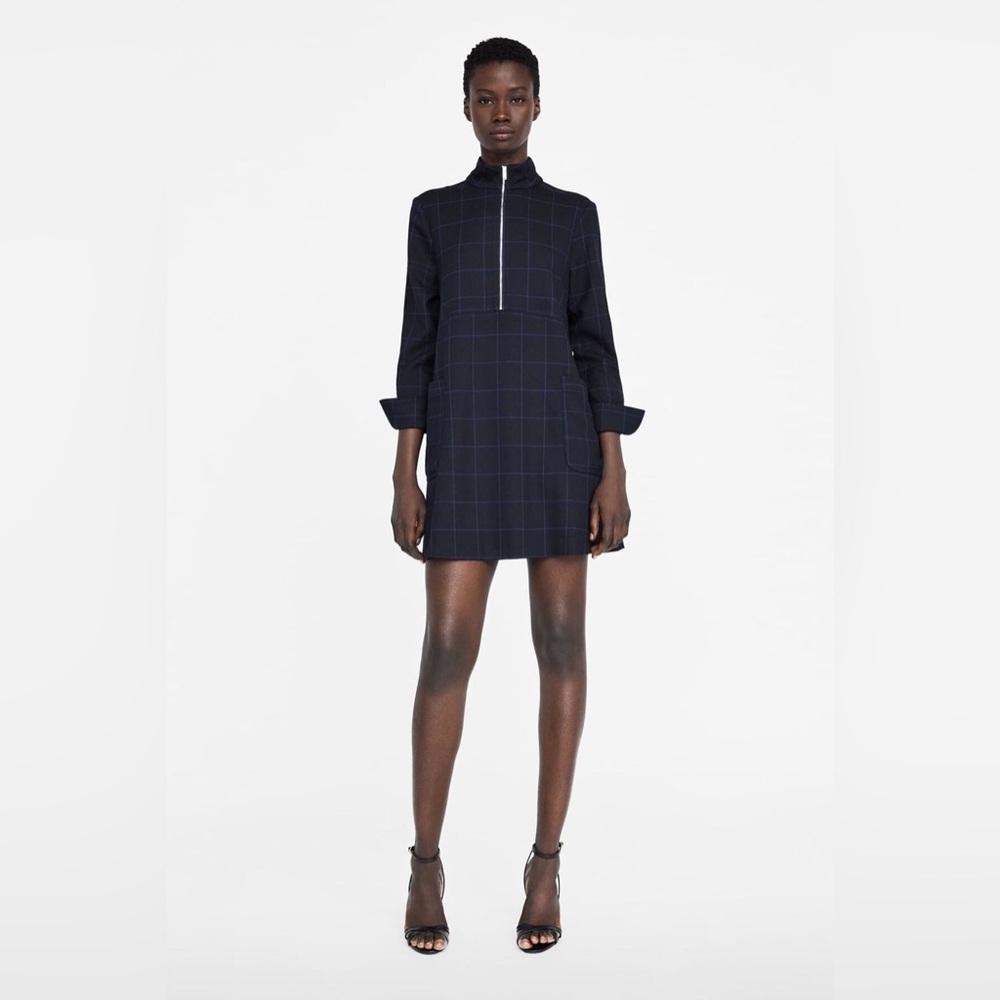 Zara Navy Blue Windowpane Zip Mock Neck Front Pocket Shift Dress‎ XS